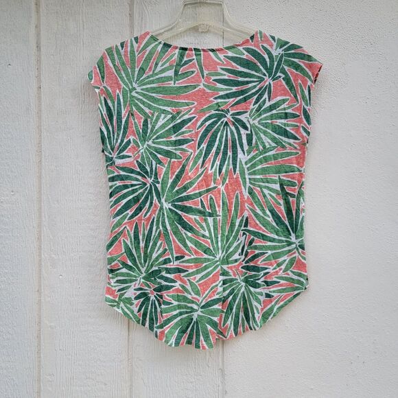 Sigrid Olsen Round-Neck Linen Shirt Green Women's Med Palm Leaf Floral Print - Picture 2 of 3